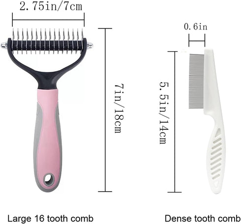 Pet Grooming Tool: Double Sided Undercoat Rake Comb for Deshedding and Dematting Dogs and Cats, Flea Comb Set (Pink/16