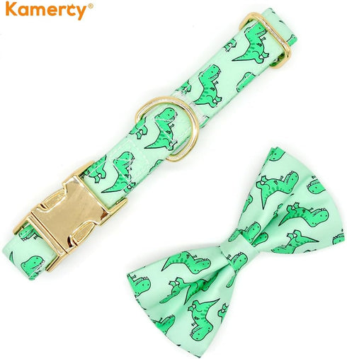 Dog/Cat Bow Collar, Green Dinosaur Pattern, Small (10" - 16")