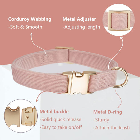 Soft Adjustable Dog Collar with Metal Buckle, Durable Comfort Cotton Corduroy for Large Medium Small Dogs, Light Pink