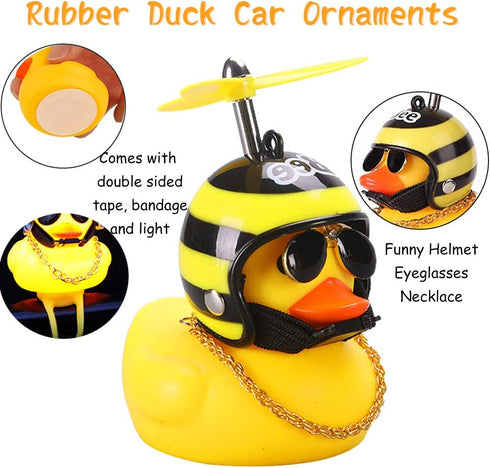 wonuu Yellow Rubber Duck Toy Car Ornaments, Squeeze Duck Dashboard Decorations with Propeller Helmet for Bicycle Horns