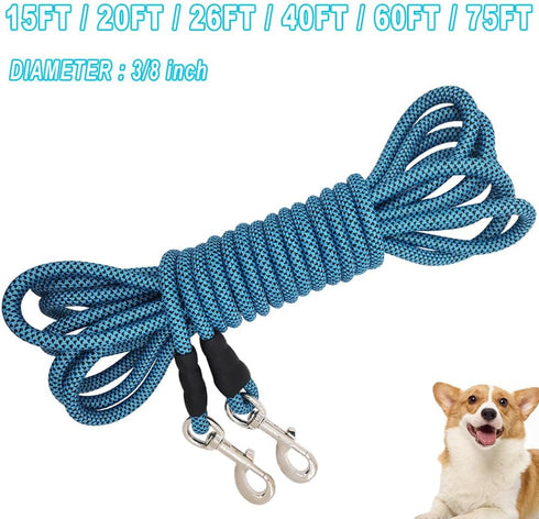 Check Cord Dog Tie Out Long Rope Leash 15FT 20FT 26FT 40FT 60FT 75FT for Dog Training, Obedience, Agility, Camping,