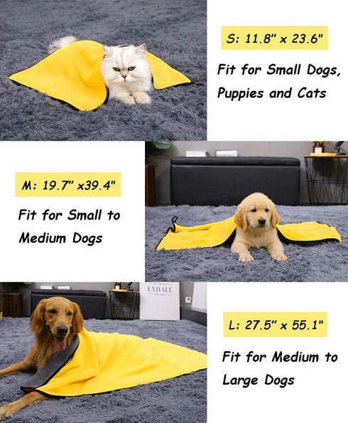 Super Absorbent Microfiber Dog Bath Towel for Small Dogs & Cats, Yellow & Grey 11.8" x 23.6"