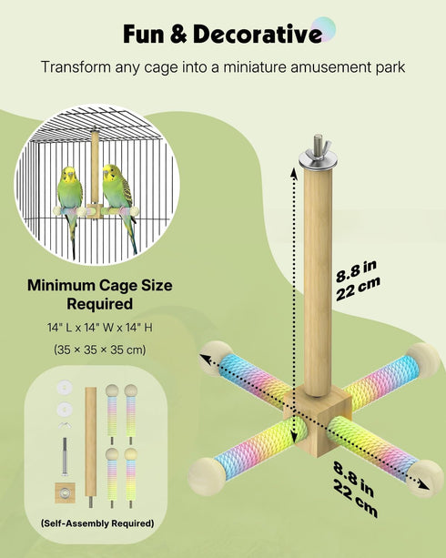 360 Pawfly Rotating Bird Perch Toy, Interactive Spinning Bird Stand Parrot Perch, Natural Wooden Chew Toy for Small