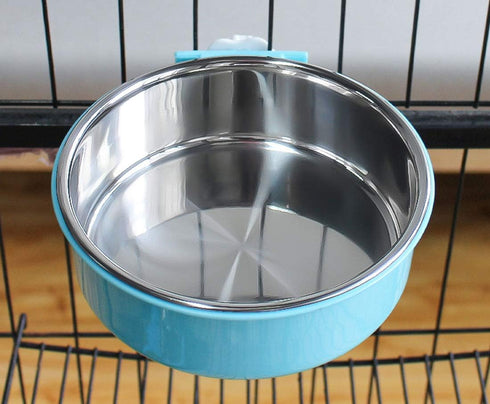 RUBYHOME 2-in-1 Dog Bowl & Feeder - Blue Plastic & Stainless Steel Hanging Food Basin for Crates & Cages