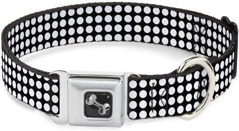 Mini Polka Dots Dog Collar Seatbelt Buckle - Black White, 1.5 Inch Wide, 13 to 18 Inches
