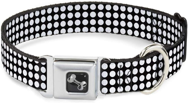 Mini Polka Dots Dog Collar Seatbelt Buckle - Black White, 1.5 Inch Wide, 13 to 18 Inches