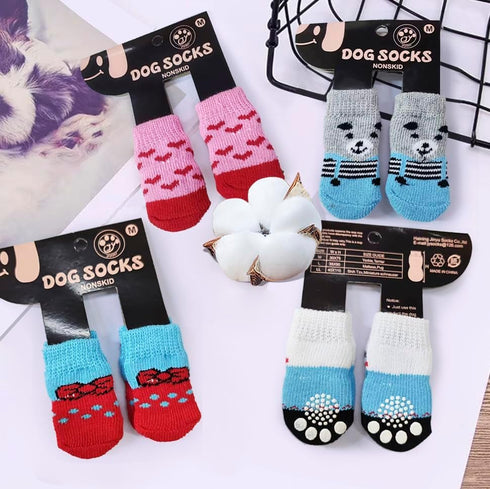 4 Pairs Anti-Slip Dog Socks & Cat Socks with Rubber Reinforcement, Pet Paw Protector for Indoor Wear (L)