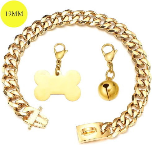 Gold Dog Collar 18k Cuban Link Chain, Chew Proof Stainless Steel, 15mm/19mm Wide, 10-26inch