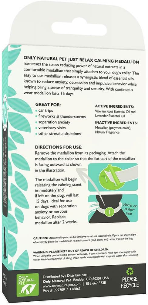 Only Natural Pet Just Relax Botanical Calming Collar Medallion for Dogs, 2 Medallions (1 Month Supply)