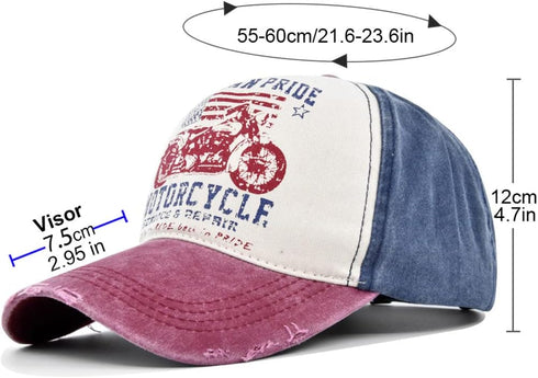 Vintage Baseball Cap, Washed Denim Trucker Cap, Motorcycle Print Pattern Outdoor Sun Hat