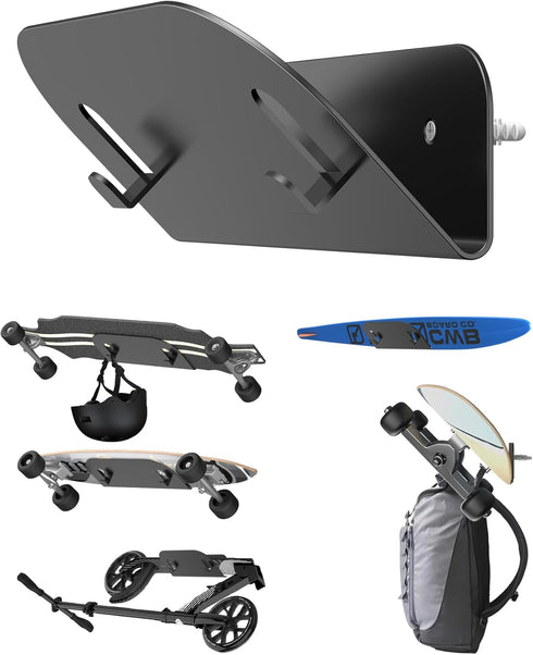 Wall Mount Holder for Skateboard/Snowboard/Longboard, Heavy-Duty Metal Display Rack with Hooks