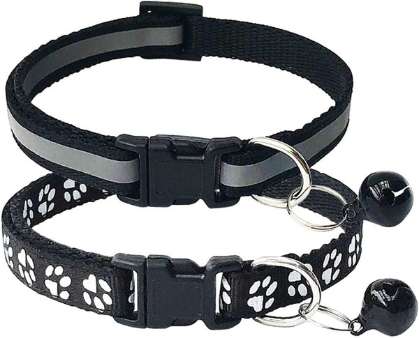 CHBORCHICEN 2-Pack Adjustable Footprint & Reflective Cat Collar with Bell - Basic Dog Cat Collar (Small, Black)