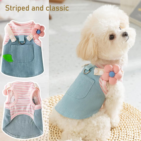 ANIAC Denim Small Puppy Dress - 3D Flowers Girl Dog Clothes with D-Ring, Striped Harness (X-Small, Pink)