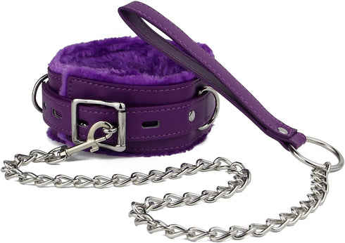 Leather Choker Collar with Long Traction Chain, Rugged Durable Adjustable Necklace for Pets, Purple