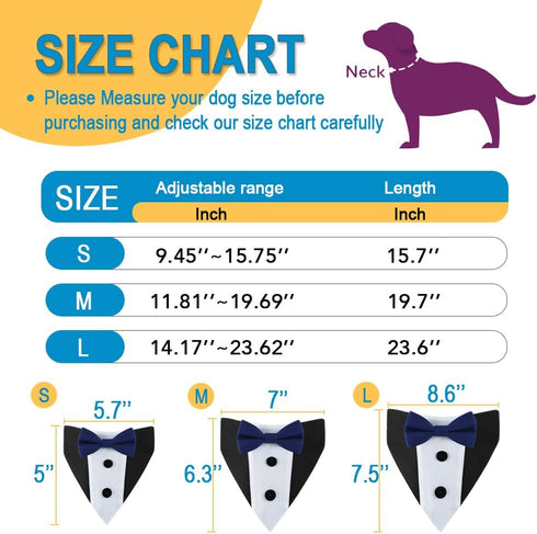Adjustable Dog Tuxedo Bandana Collar with Bowtie for Small Medium Large Boy Dogs, Wedding Grooming Gift (Medium, Black)