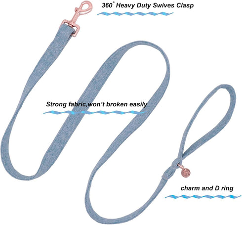 DOGWONG Cotton Dog Collar and Leash, Soft Durable Blue Pet Collar for Small Medium Large Dogs