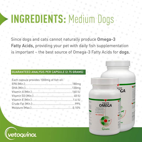 Vetoquinol Triglyceride Omega Dog Supplement Capsules, Medium-Breed, 30-60 lbs, 60ct