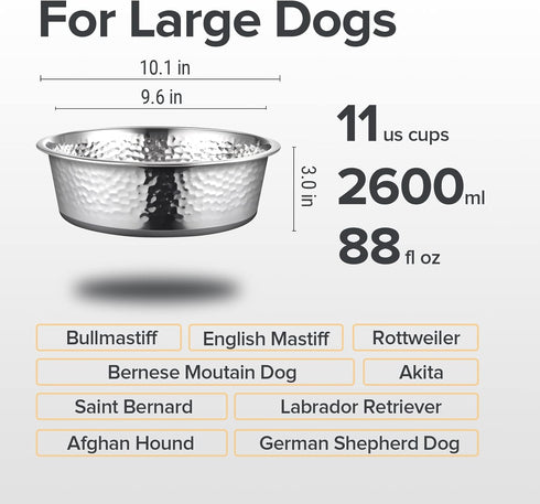 2 Pack Hammered Stainless Steel Dog Bowls, Premium Metal with Non-Slip Rubber Bottom, Dishwasher Safe, 11 Cup