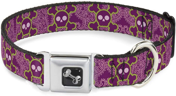 Buckle-Down Seatbelt Buckle Dog Collar - Large Cute Skulls w/Paisley Purple/Pink/Green, 1" Wide, Fits 15-26" Neck