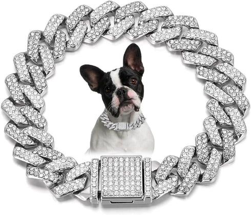 Silver Cuban Link Dog Collars, Bling Dog Necklace Diamond Glitter Rhinestone for Small Medium Large Pets, 14-Inch