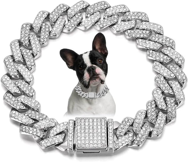 Silver Cuban Link Dog Collars, Bling Dog Necklace Diamond Glitter Rhinestone for Small Medium Large Pets, 14-Inch