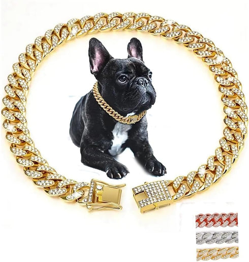 Dog Chain Collars, Diamond Necklace Metal Choke Cuban Link, 13mm Wide Pet Jewelry for Small, Medium, Large Dogs, Gold