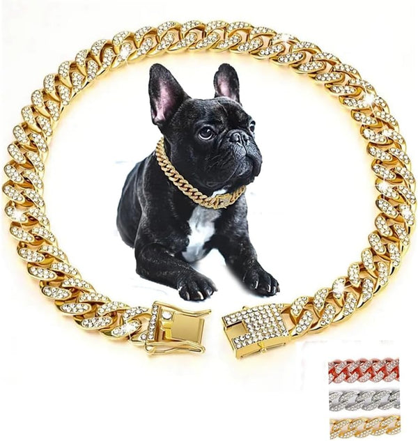 Dog Chain Collars, Diamond Necklace Metal Choke Cuban Link Collar, 13mm Wide Pet Jewelry for Puppy Small Medium Large