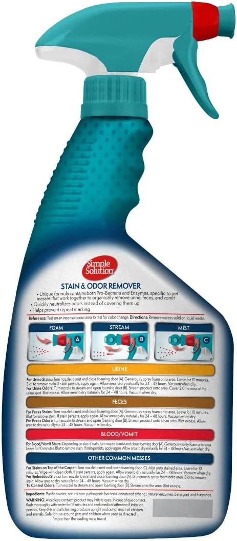 Simple Solution Pet Stain and Odor Remover | Enzymatic Cleaner with 2X Pro-Bacteria Cleaning Power, 32 Ounces