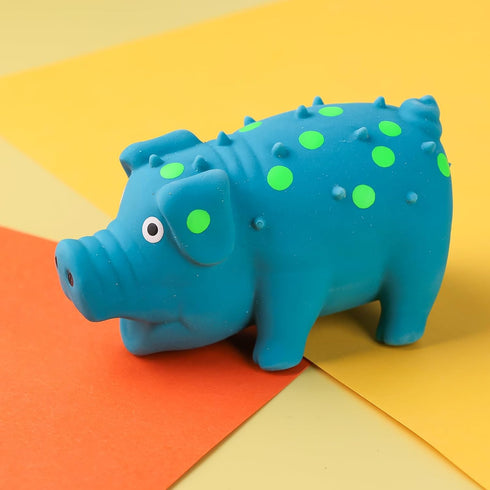 POPLAY 4" Squeaky Latex Grunting Pig Dog Toy, Small Blue Rubber Chew Gift for Dogs