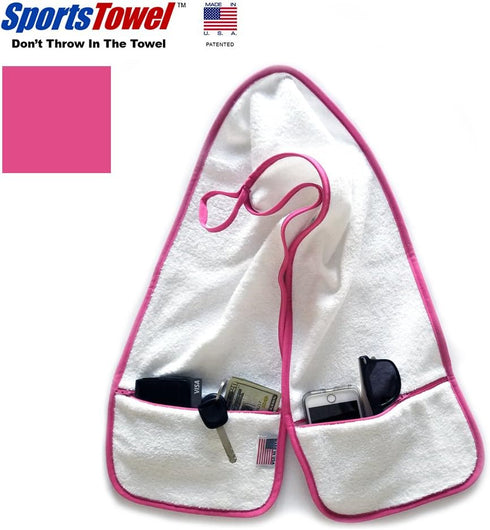 Sports Towel - 100% Cotton, 2 Zipper Pockets for Safe Belongings, Super Soft and Absorbent (Pink)
