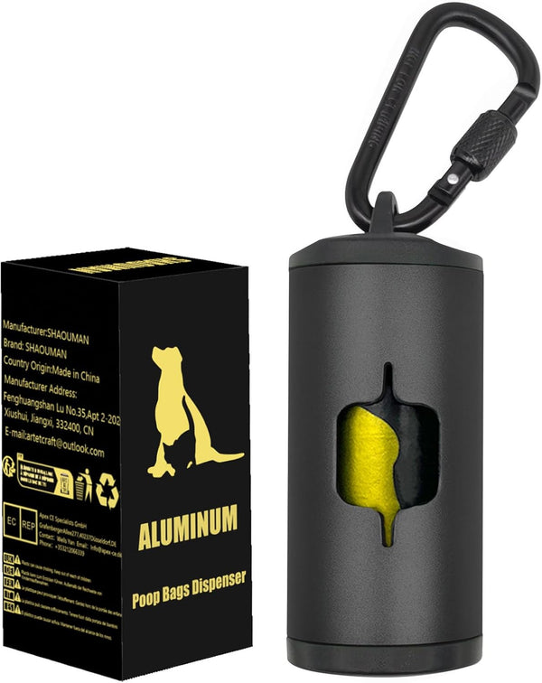Metal Dog Poop Bag Holder with Leash Clip, Durable Aluminum with 15 Bags + 3 Accessories