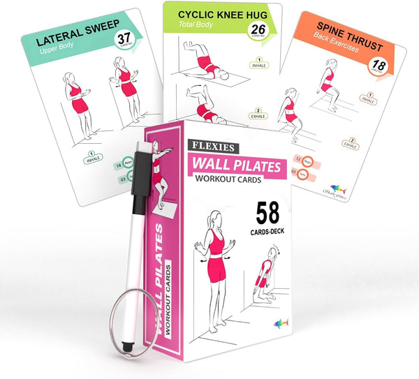 Wall Pilates Workouts for Women, 58 Exercise Cards with Postures, Instructions & Breathing Tips, Free Ring & Marker