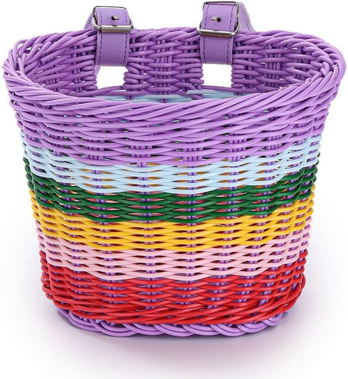 Kids Bike Basket Set, Handwoven Bike Baskets for Children Cycling with Spare Leather Straps and Bell, Easy Install