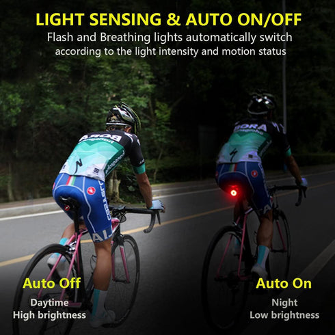 Smart Bike Tail Light: Auto On/Off Rear Bicycle Flashlight, High Lumen Daytime Strobe USB Rechargeable Safety Red LED