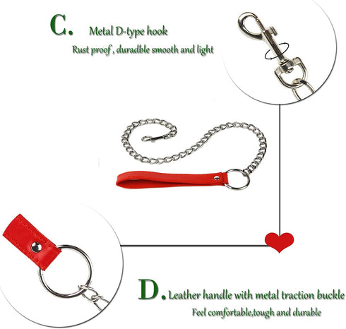 Leather Choker Collar with Long Traction Chain, Rugged Durable Adjustable Neck Size for Pets, Red