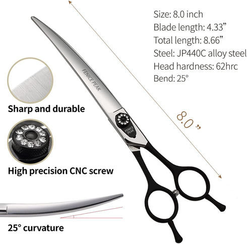 Fenice 8.0 inch Dog Grooming Curved Scissors - Jeweled Screw, Japan 440C Stainless Steel, Sharp Blade for Right Handed