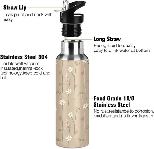Wassud 32 oz Water Bottle Warm Beige Floral Stainless Steel Sport Water Bottle with Straw Insulated Water Bottles