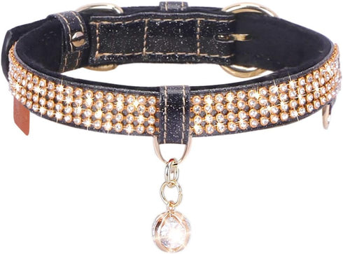PetsHome Cat Collar, Dog Collar, Bling Rhinestones, Premium PU Leather with Pendant, Adjustable for Cat and Small Dog