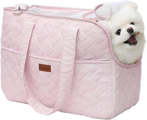 Cat Carrier Small Dog Handbag, Large Cat/Puppy Carrier Bag with Multiple Pockets, Breathable Mesh, Travel Tote (Pink)