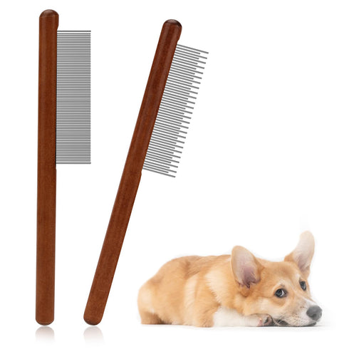 2pcs Solid Wood Grooming Combs for Pets, Narrow Rounded-Tip Steel Teeth for Cats and Dogs