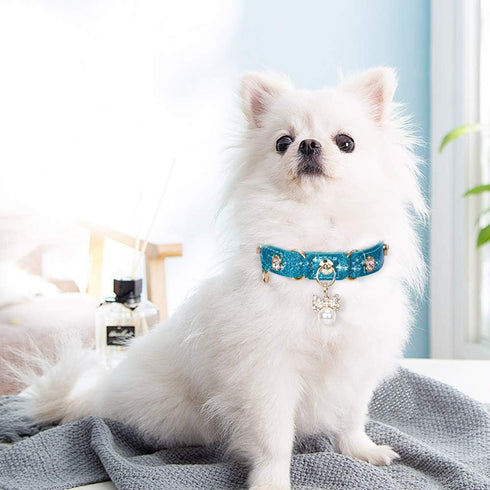 PetsHome Adjustable Cat Dog Collar, Bling Rhinestones PU Leather with Luxury Pendant for Extra Small Blue