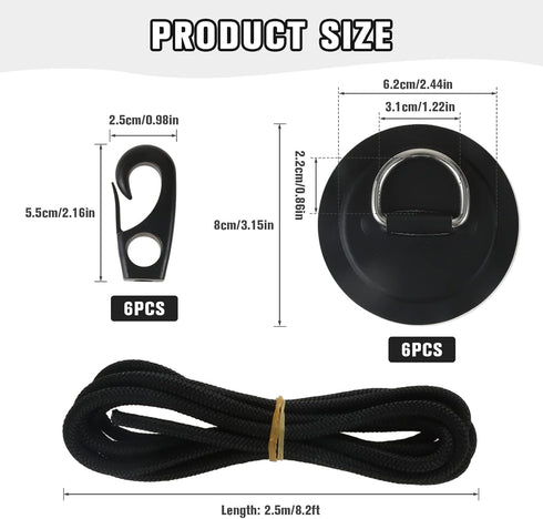 Yetaha 6 Pack Stainless Steel D Rings, PVC Patch, Bungee Cord with Hooks for Inflatable Boat