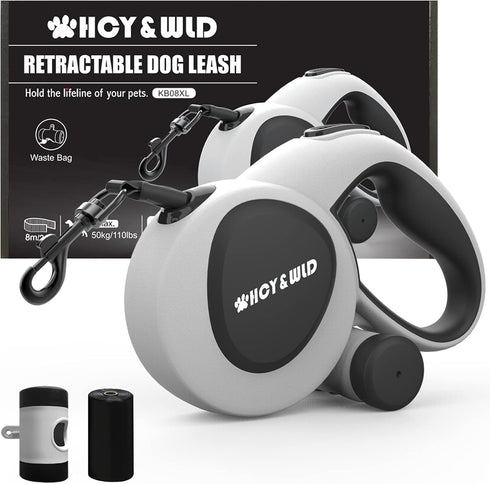 Upgrade 3-in-1 Retractable Dog Leash, 26 ft Heavy Duty with Integrated Dispenser & Poop Bags, for Dogs up to 110 lbs