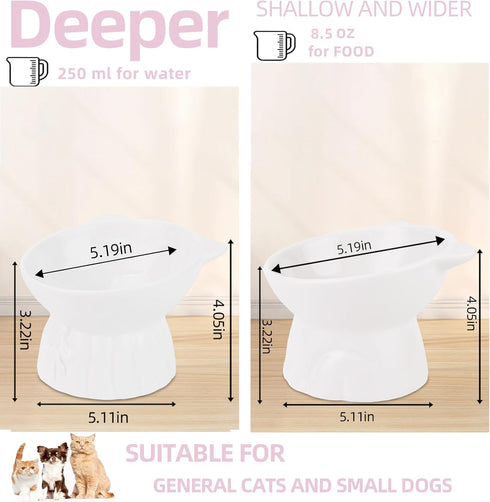 Ceramic Elevated Cat Bowls, 2Pc Extra Wide Raised Cat Bowls for Food and Water, Shallow Cat Food Dish Whisker Friendly, Anti Vomit Cat Bowls Microwave and Dishwasher Safe, Great Height for Cat (White)
