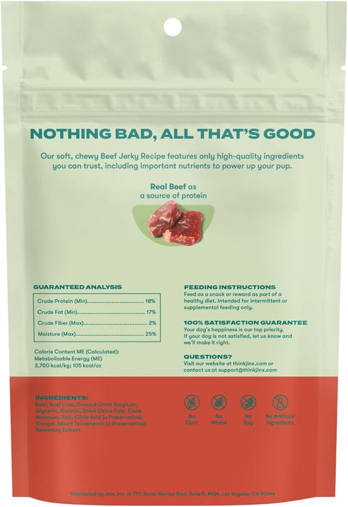 Jinx Bites Natural Soft Jerky Dog Treats - Made with Slow-Smoked Real Beef & Liver, Low-Calorie, with Protein - 5oz.