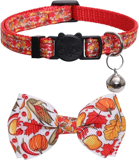 Lamphyface Thanksgiving Cat Collar with Bow Tie and Bell, Adjustable Breakaway Safety for Kitty
