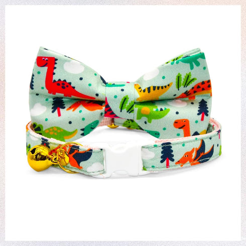 Cute Green Dinosaur Cat Bow Tie Collar, Breakaway with Bell, Safety Plastic Buckle for Cats