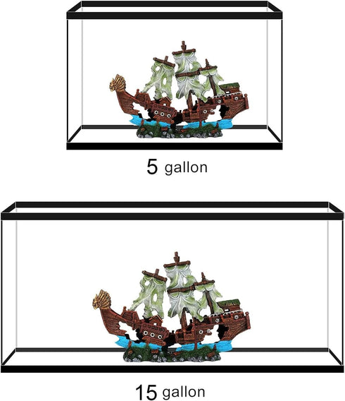 (2 5 UNEAK - Shipwreck Aquarium Decorations Pirate Ship Ornament w/Sail Pieces) Gallons and Larger Fish Tank, Sunken