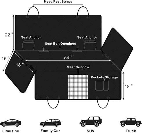 Hammock Femuar Dog Car Seat Cover with Storage Pockets Mesh Visual Window, Waterproof Nonslip , Heavy Duty Scratchproof