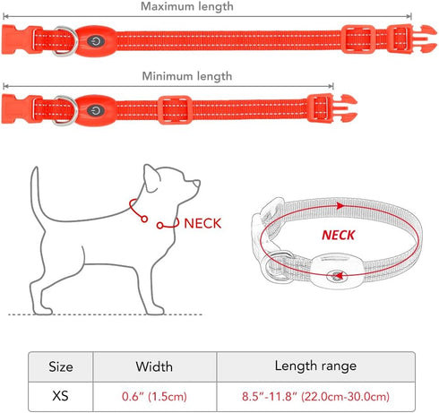 Light Up Dog Collar for Small Dogs, Vizpet XS Adjustable Nylon Collar, USB Rechargeable Bright Safety Pet Collar for